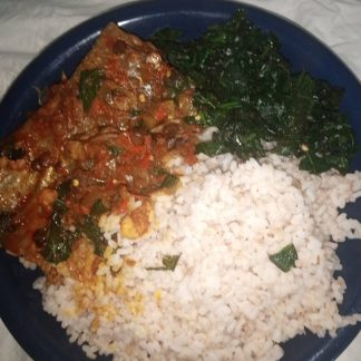 Ofada rice with seafood sauce and steamed Ugwu